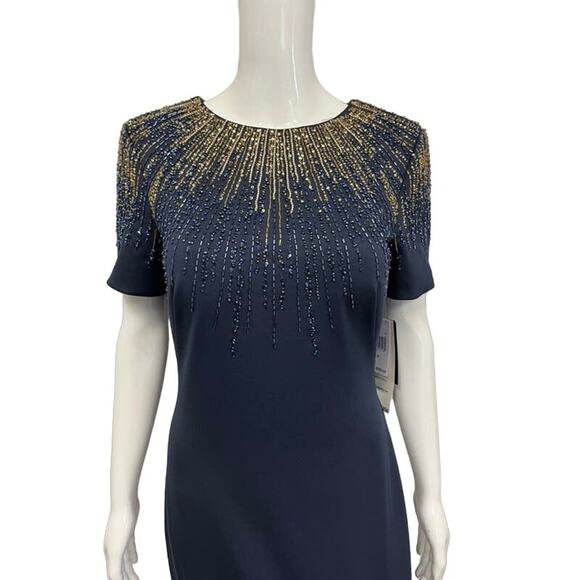 BASIX BLACK LABEL $550 Navy Blue Sequin Accent Crew Neck Maxi Gown 8 - Picture 3 of 5